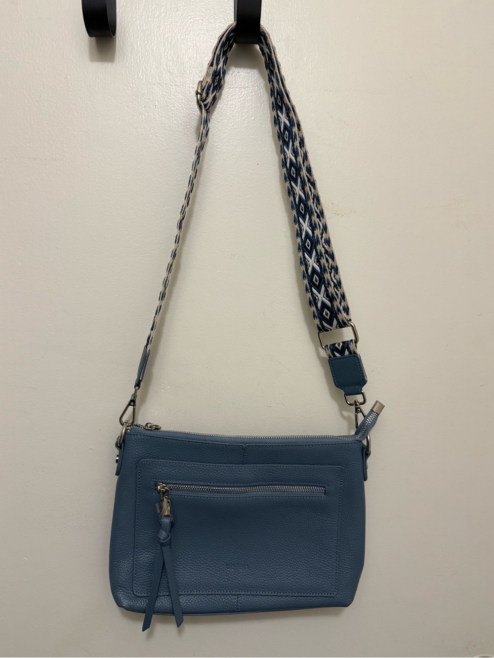 Crossbody Blue Leather Bag with Patterned Adjustable Strap NWOT